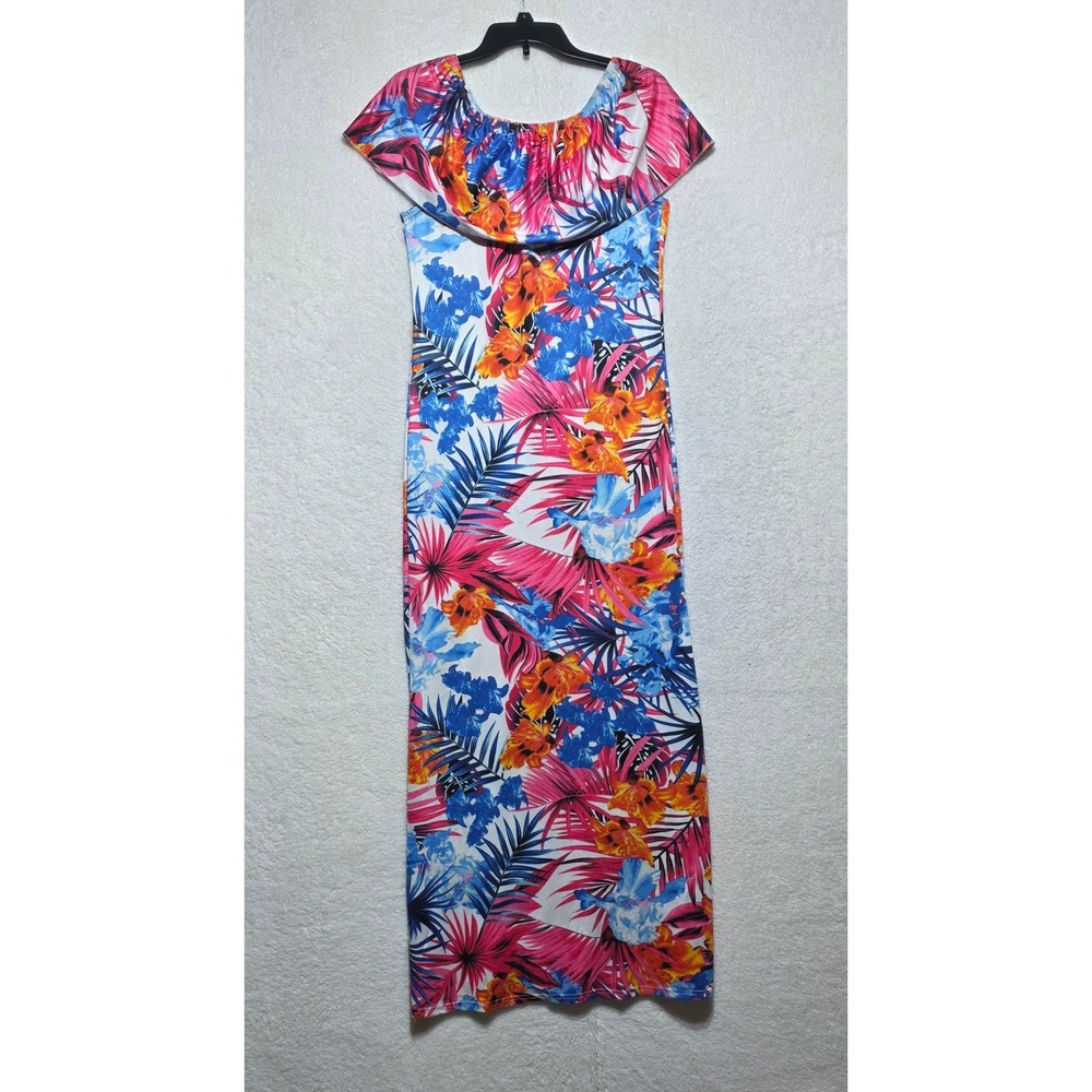 Suimiki Women's Tropical Floral Maxi Dress Medium Pink Blue Orange Off Shoulder
